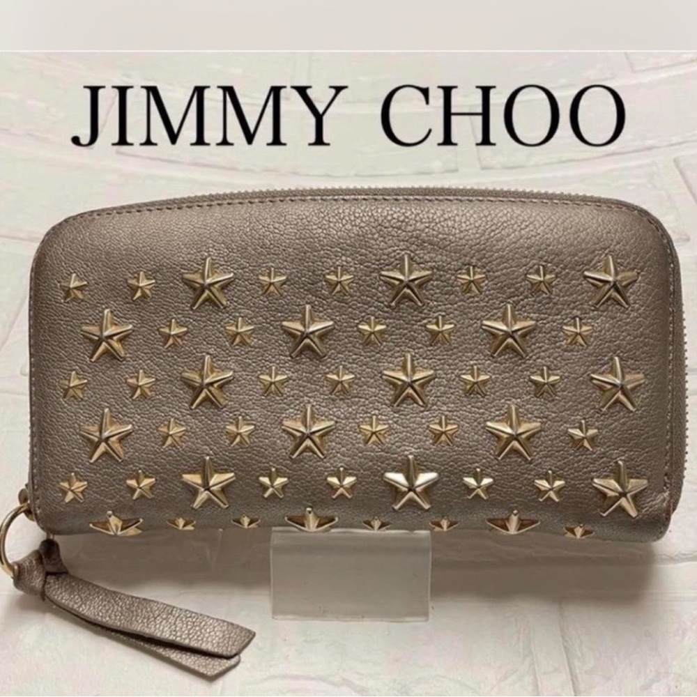 Jimmy Choo 🩶 Metallic Taupe Star-Studded Zip Around Wallet, comes with Dusty!